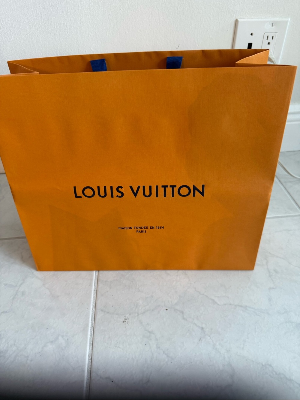Louis Vuitton Orange and Navy Logo Shopping Bag authentic 15”x12”x6.5”